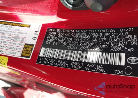 2021 Toyota Prius Xle from USA, damaged, VIN JTDKAMFU0M3142456